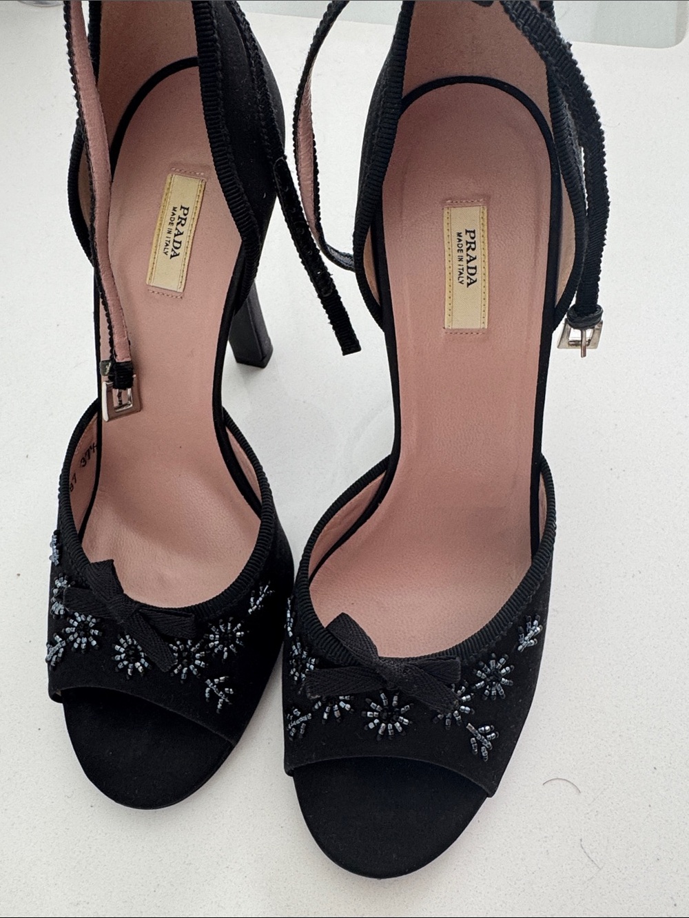 Prada Black Beaded Open-Toe Ankle-Strap Heels